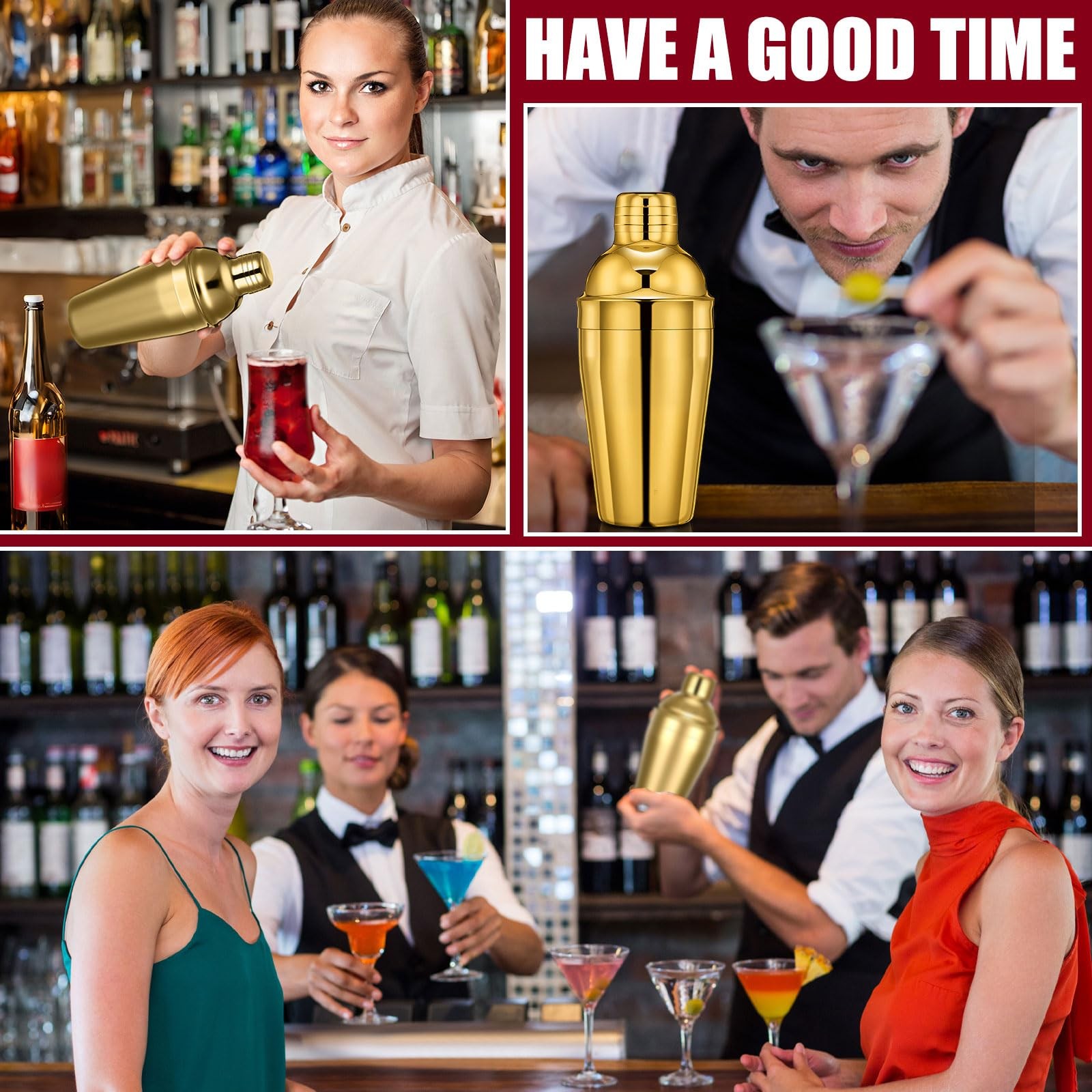 Nitial 6 Pcs Bar Cocktail Shaker Professional Stainless Steel 18.6 oz, Gold