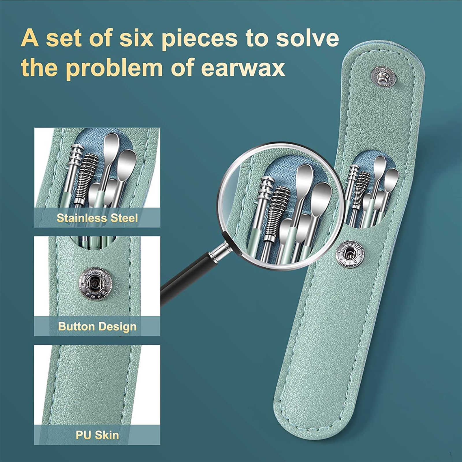 6PCS Ear Pick Cleaning Set Spiral Tool Spoon Ear Wax Remover Cleaner Curette Kit