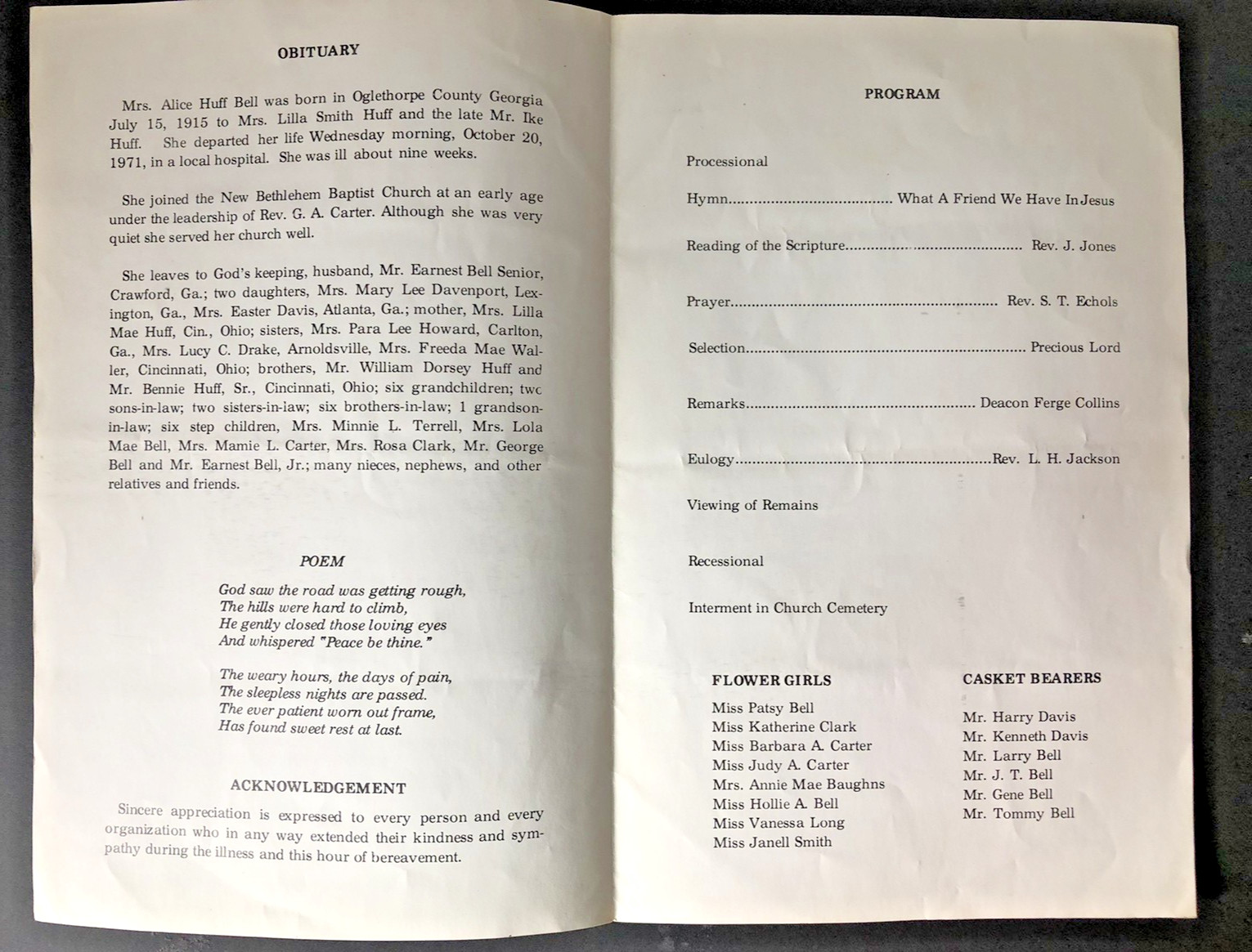 Athens GA OBSEQUIES African American Woman Alice Huff Bell FUNERAL PROGRAM 1971