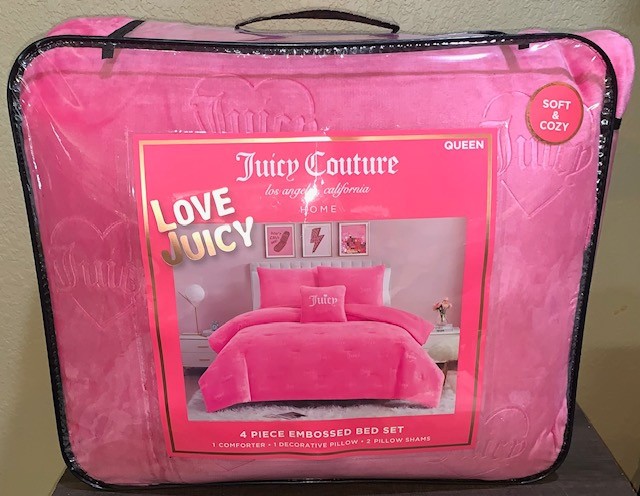 Juicy Couture Hot Pink Logos &Hearts Embossed Plush Soft 4pc QUEEN Comforter Set