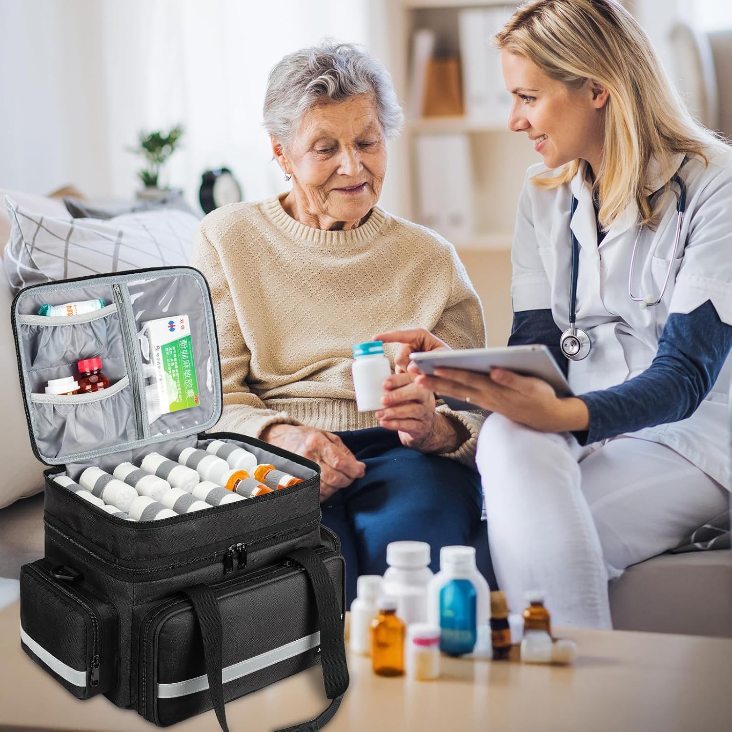 Large Pill Bottle Organizer, Double Layers Medicine Storage 2 LAYERS, BLACK