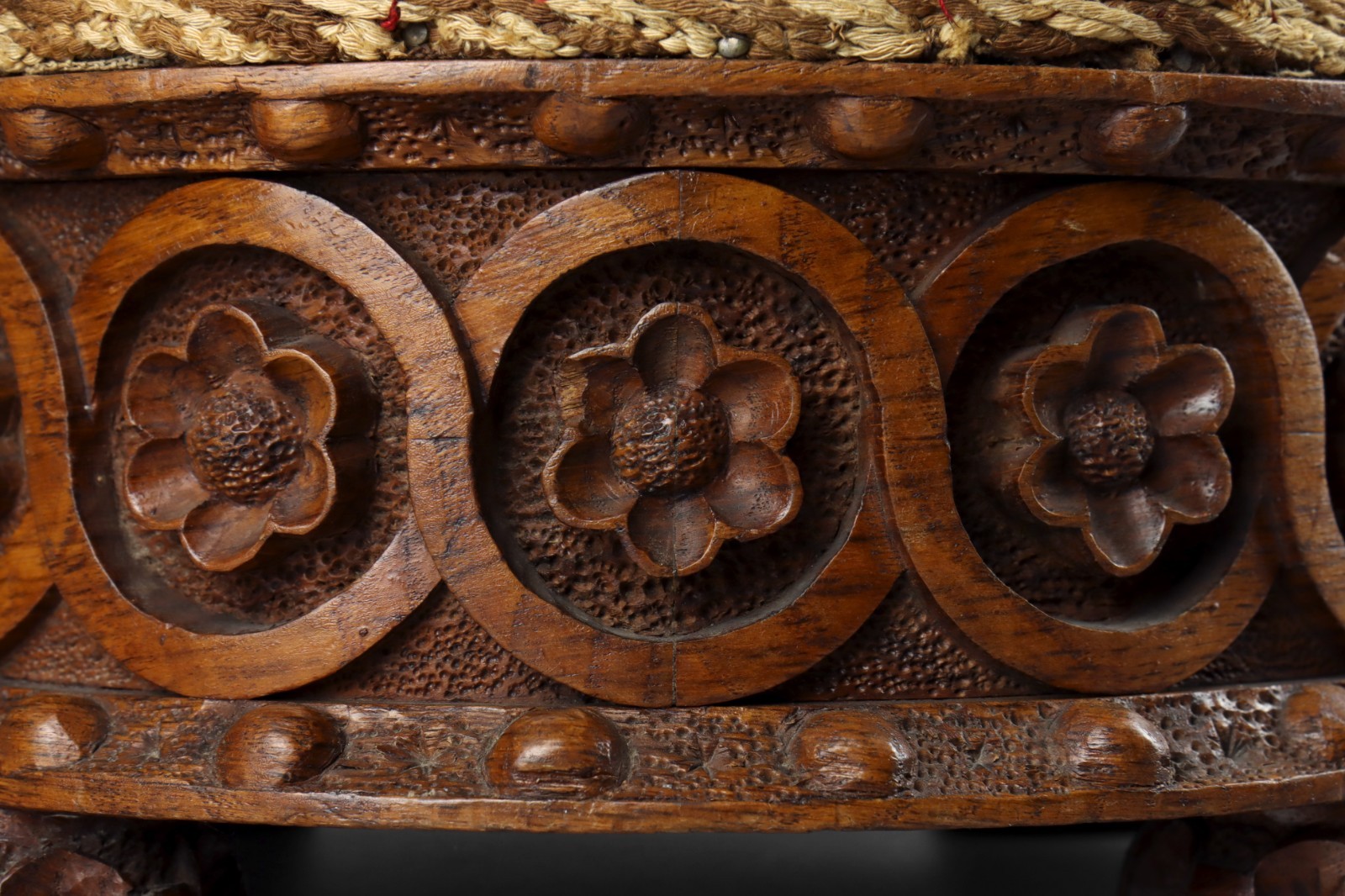 Antique 19th Century Ecclesiastical Gothic Carved Wood Oak Beaded Footstool