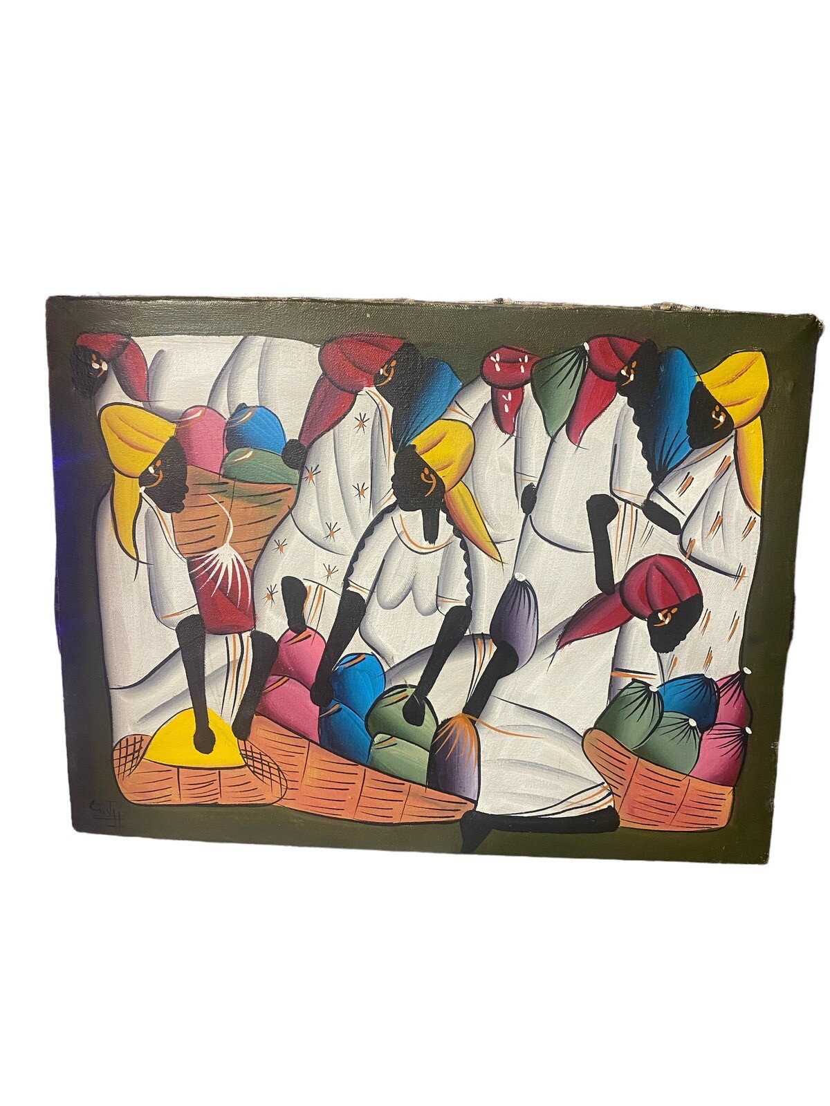 Art Painting Haitian Folk Women At Market Haiti Stretched Fabric Home Decor