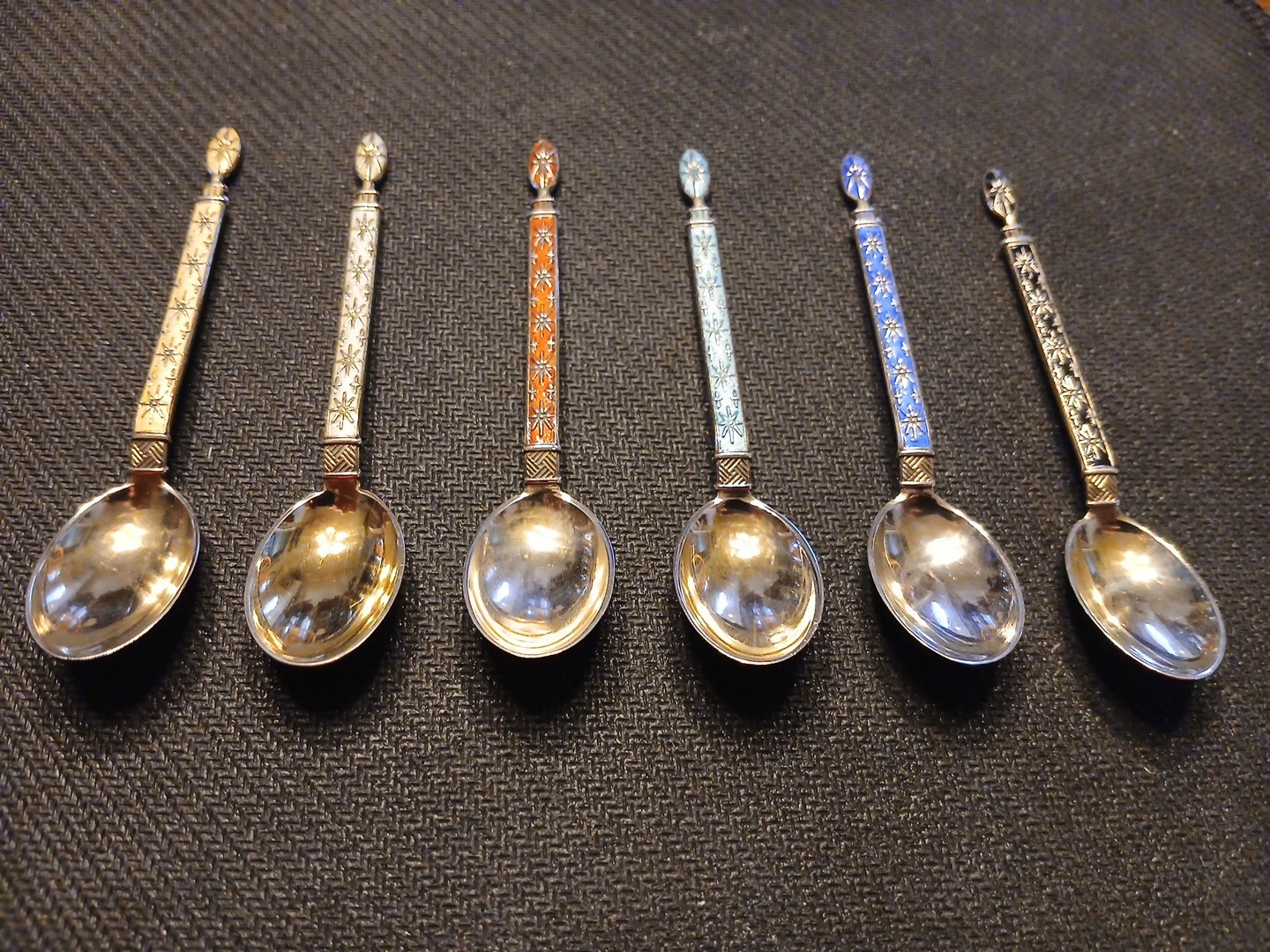 Set of 6 Sterling Silver (925S) Enamel Demitasse Spoons - Nice!