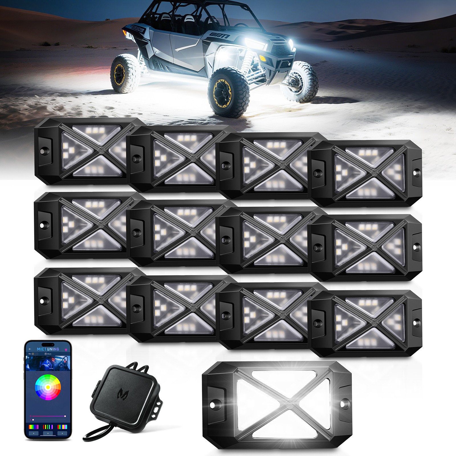 MICTUNING C4 RGBW LED Rock Lights 12 Pod Car Underglow Neon Accent Light LED Kit