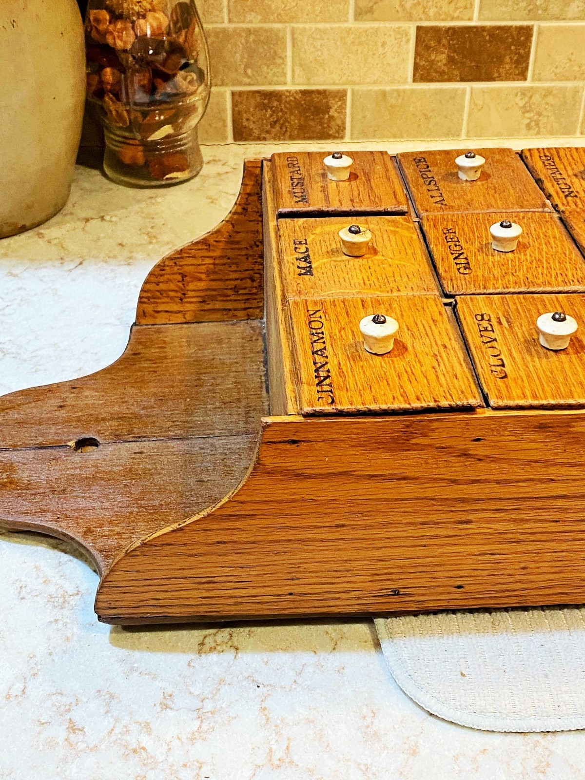 Antique OAK Wood Apothecary Spice Cabinet Primitive 11 Labeled Drawers 24" x 10"