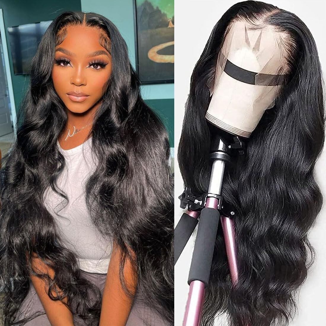 Glueless Lace Front Wigs Pre Plucked Soft as Human Hair Natural Black Loose Wavy