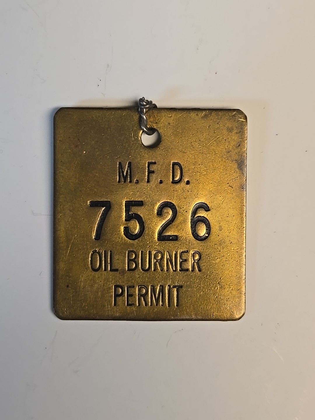 Vintage Brass Oil Burner Permit Tag M.F.D. 7526 Fire Dept Memorabilia Antique