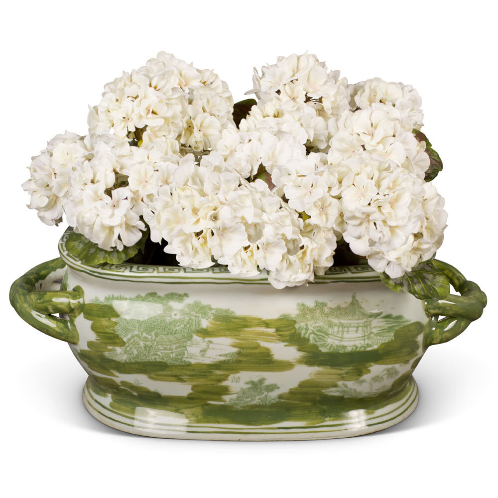 US SELLER - Green Scenery Motif Chinese Porcelain Footbath Planter