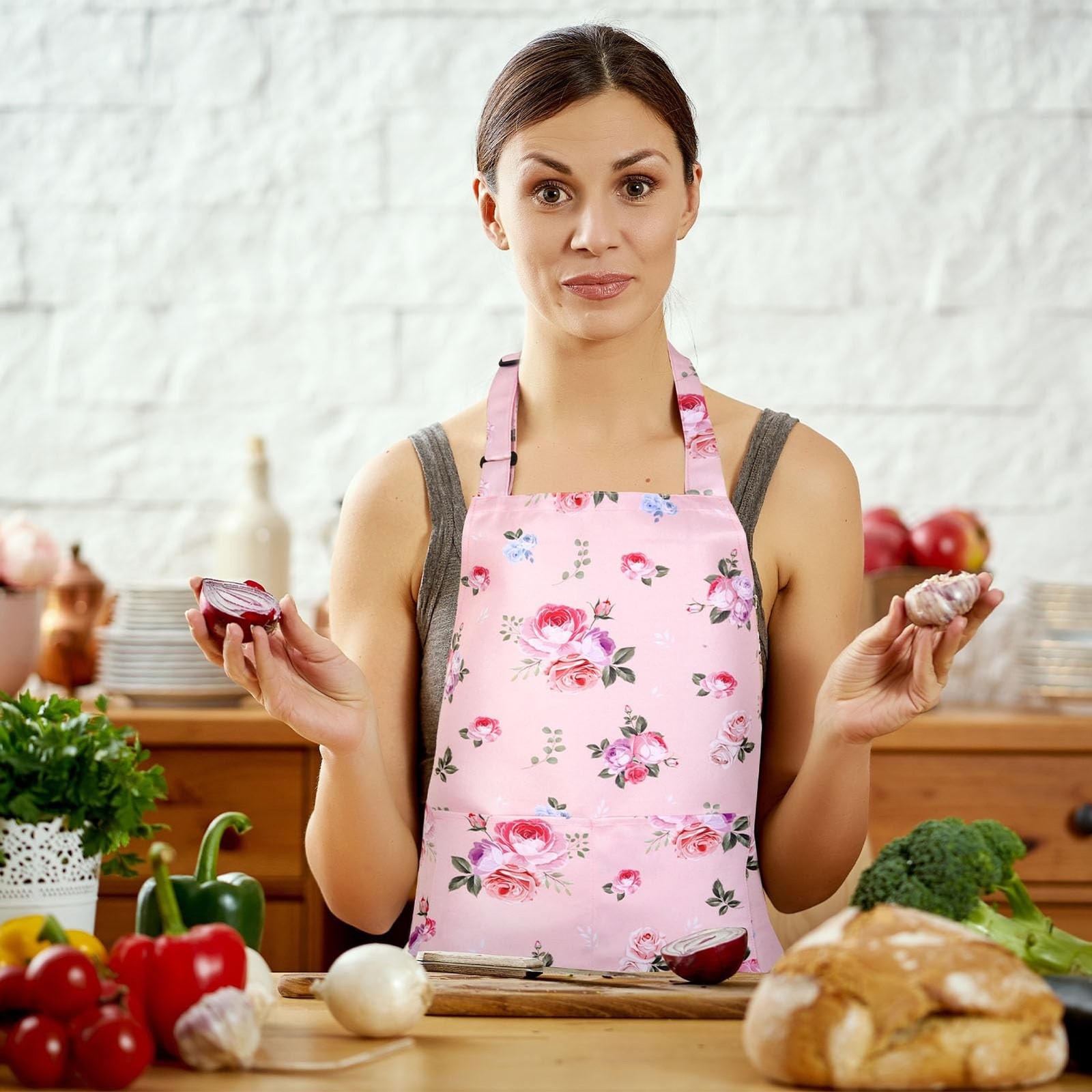 Floral Apron for Women, Adjustable Kitchen Aprons with 2 Pockets Vintage Cute...