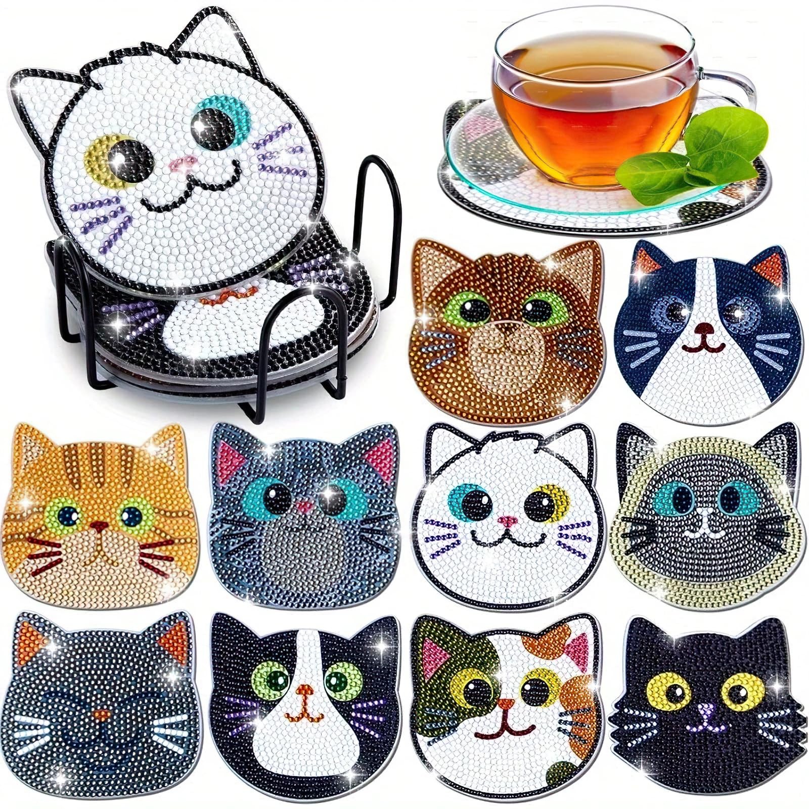10pcs Diamond Art Coasters Kits Cat Diamond Painting Coasters Kits with Holder..
