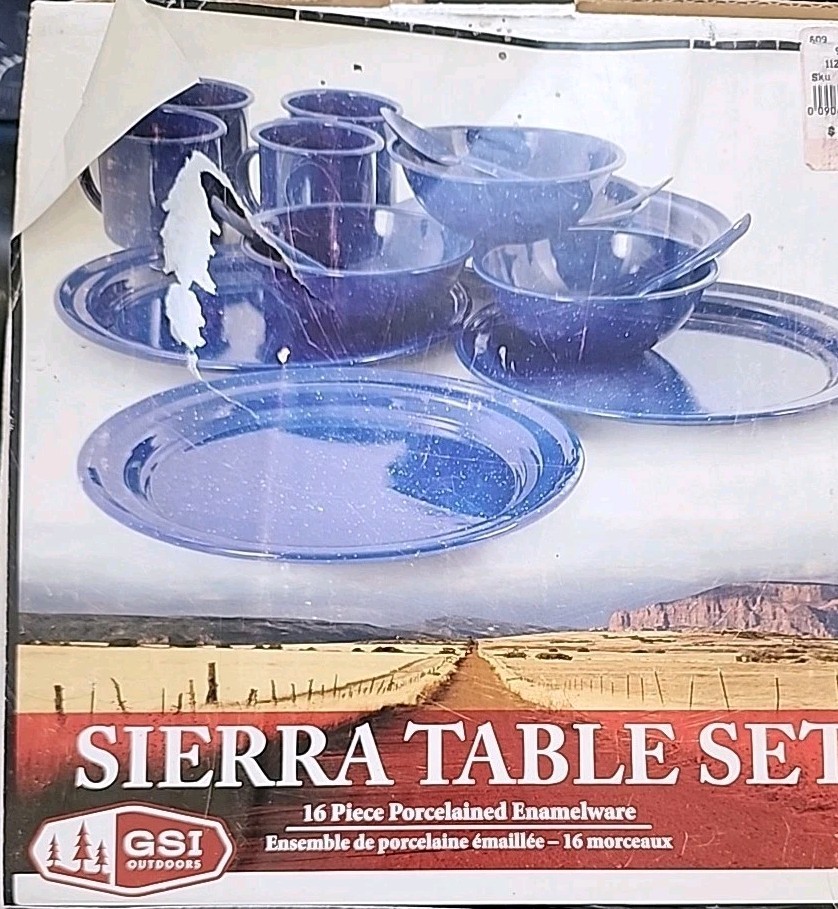 GSI Outdoor Sierra Table Set 16 piece porcelained Enamelware, Blue Open box