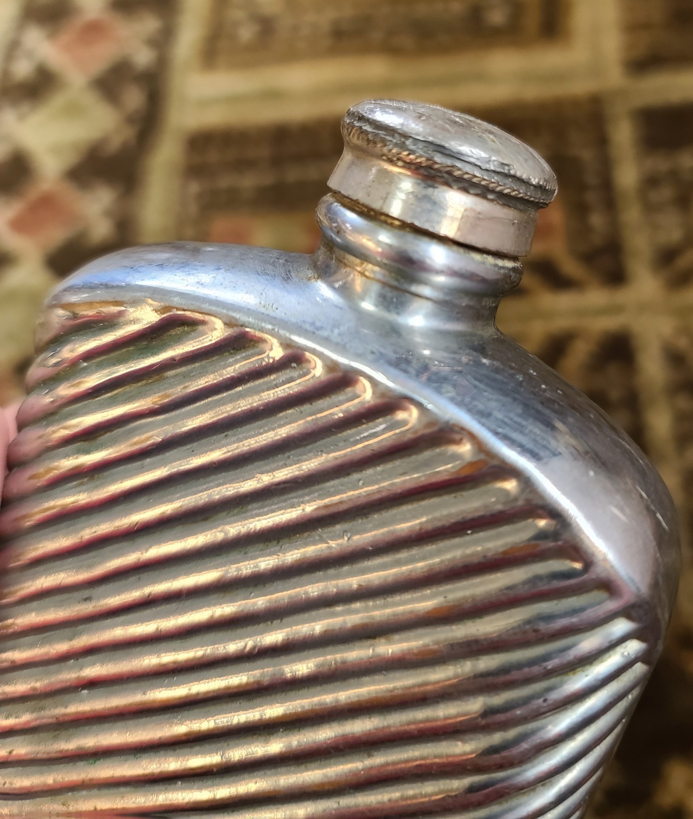 Antique Silver & Copper Plated Glass Ribbed Hip Flask 5-3/8" Tall Vintage
