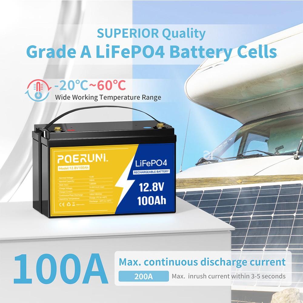 POERUNI 12.8V 1280Wh 100Ah LiFePO4 Lithium Battery Deep Cycles Built-in BMS NEW