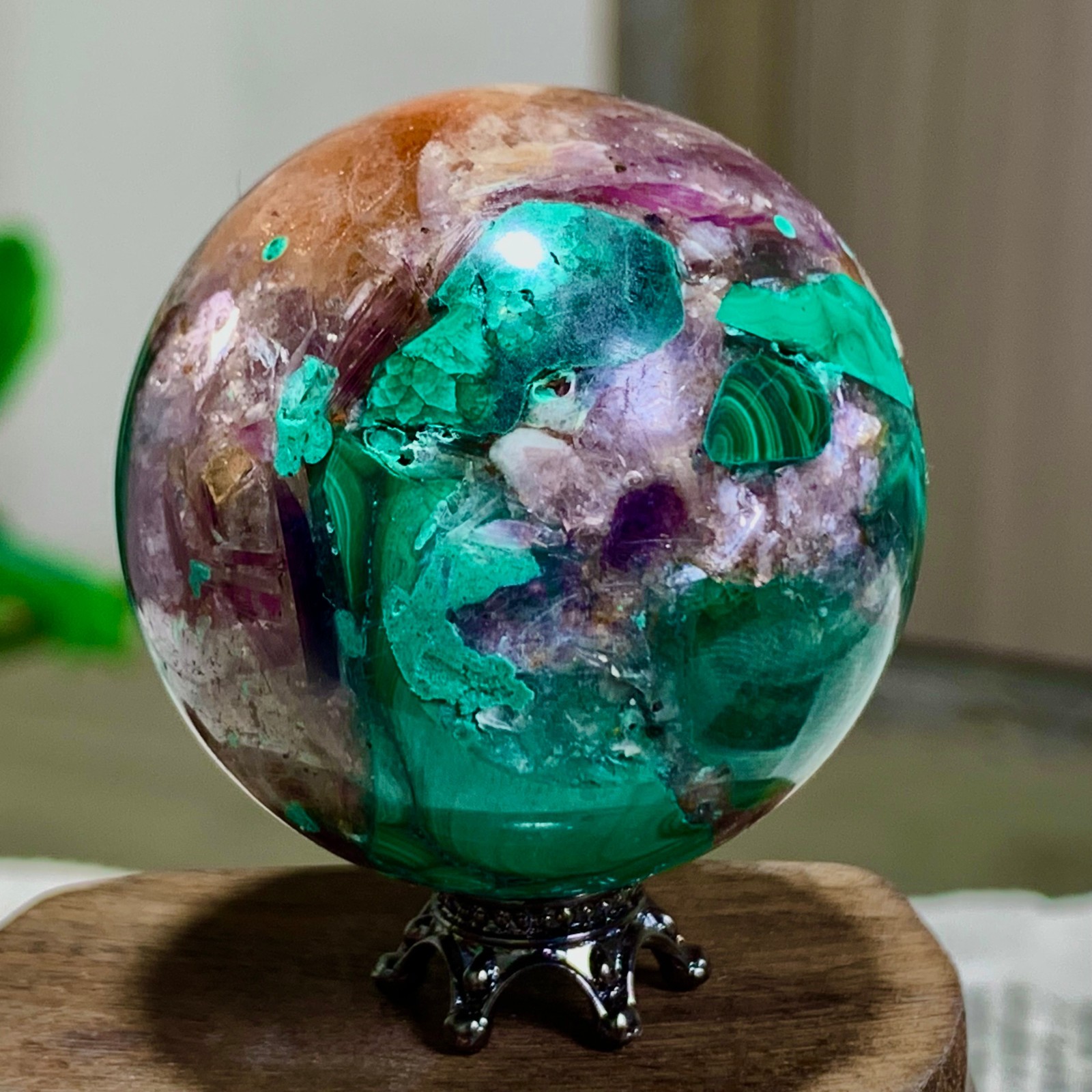 108G Newly discovered rare malachite purple mica symbiotic sphere restoration