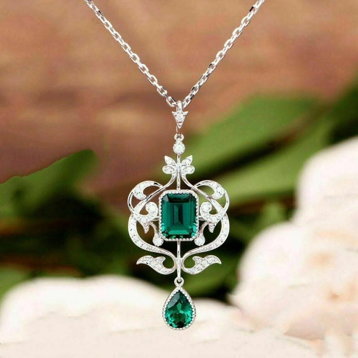 Art Deco Pear Emerald & Lab Created Diamond Floral Wedding 925 Silver Pendant