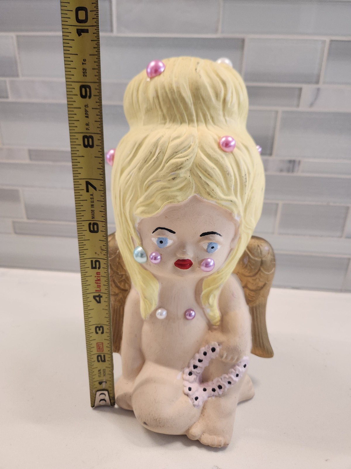 Weird Blonde Winged Angel Cherub 9.5" Statuette Figure 1982 Kathy's Ceramics