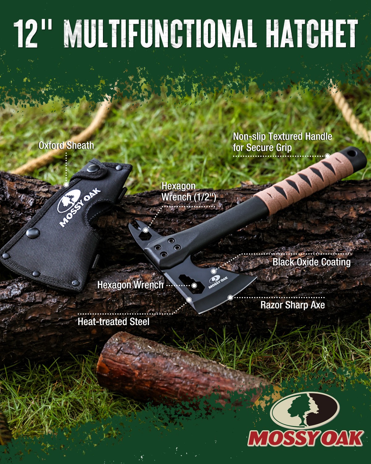MOSSY OAK 12" Camping Axe and Survival Hatchet with Sheath Outdoor Multitool USA