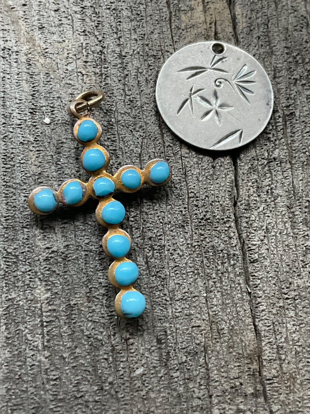 French Antq. Silver~Gold Plate~Sky Blue Glass Enameled Drops Cross~Tres Chic