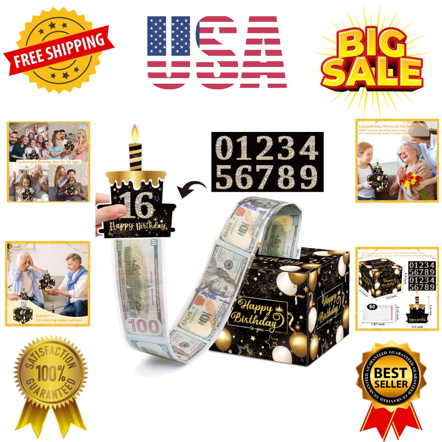 Birthday Money Gift Box with DIY Stickers for Any Ages, Surprise Money Holder...