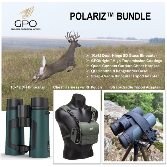 GPO Polariz 10x42 Binocular with Chest Harness and Tripod adapter, NEW, USA WTY