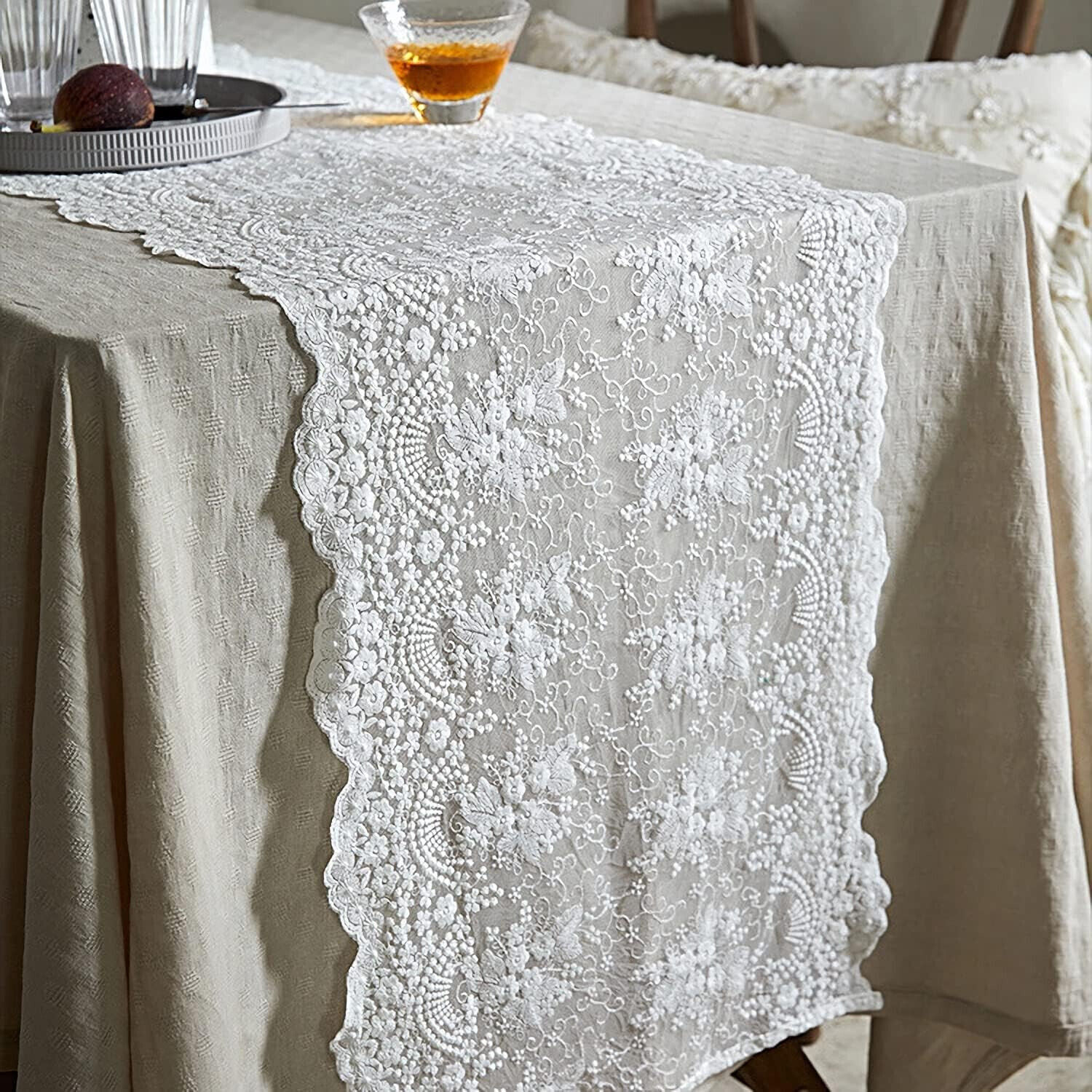 White Vintage Embroidered Lace Table Runner Dresser Scarf Doily Wedding Party