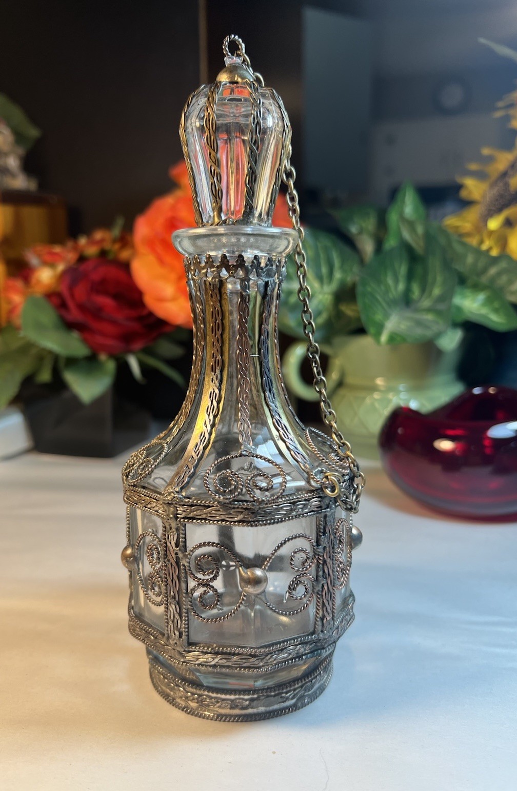 VTG GLASS BOTTLE SILVER PLATED, BRASS, COPPER OVERLAY BOTTLE 1900's UNIQUE
