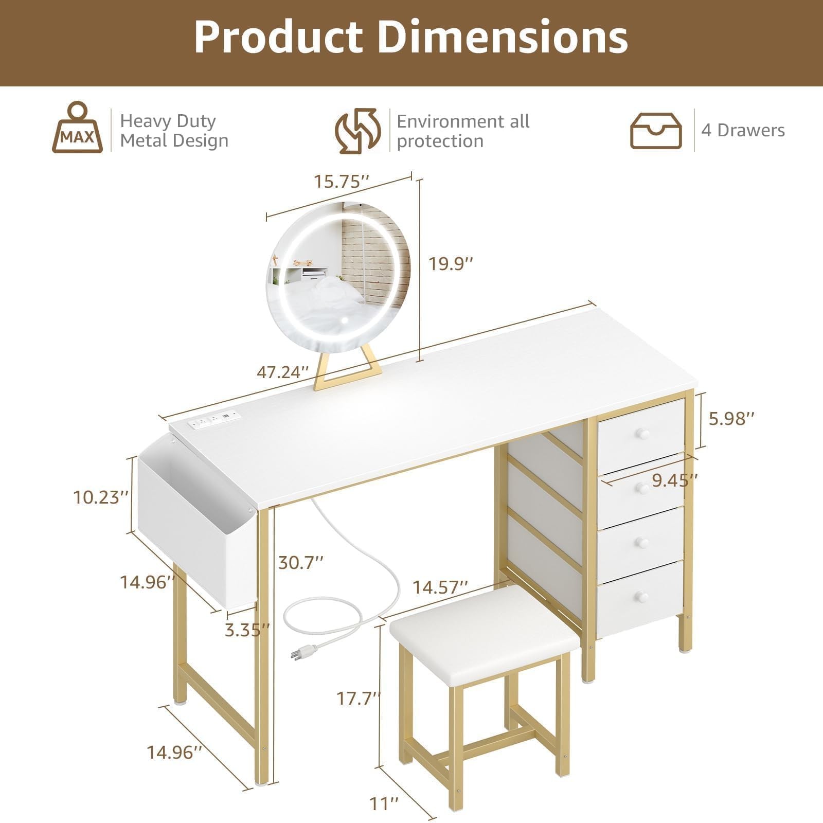 47" Peinadoras Para Cuartos Con Espejo Luces y Silla Tocador De Maquillaje Mujer