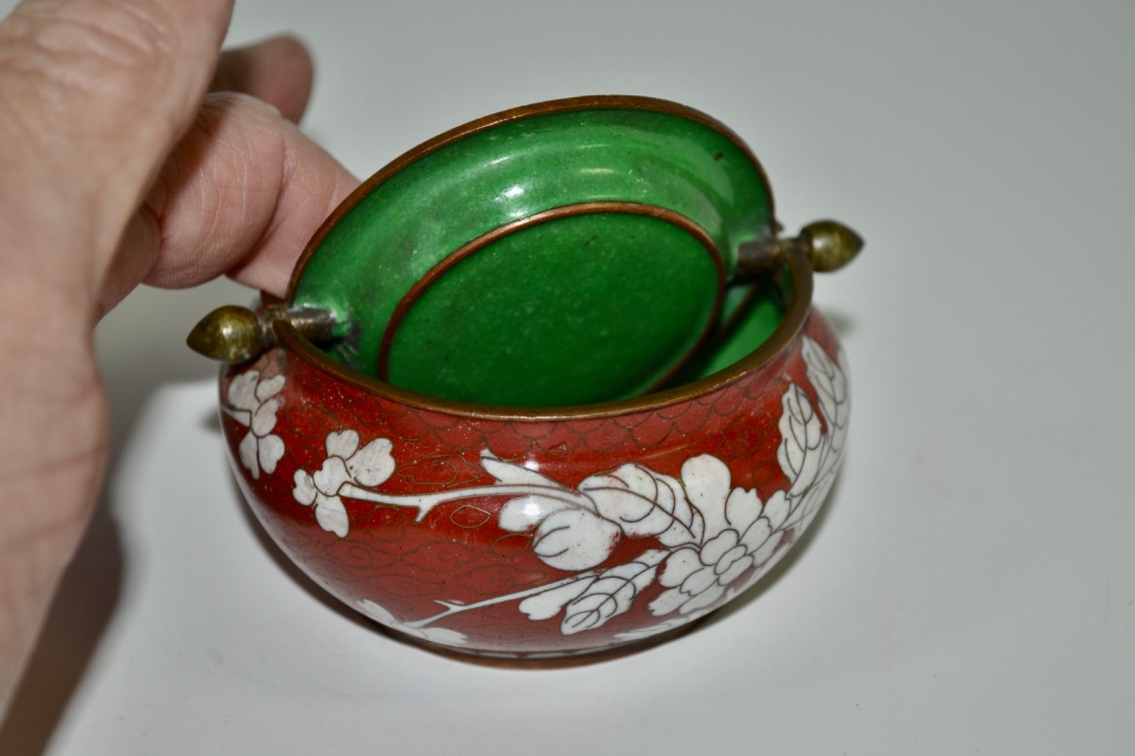 Vintage Chinese Export Red/White/Green Cloisonné Incense Burner Tray Flip Top