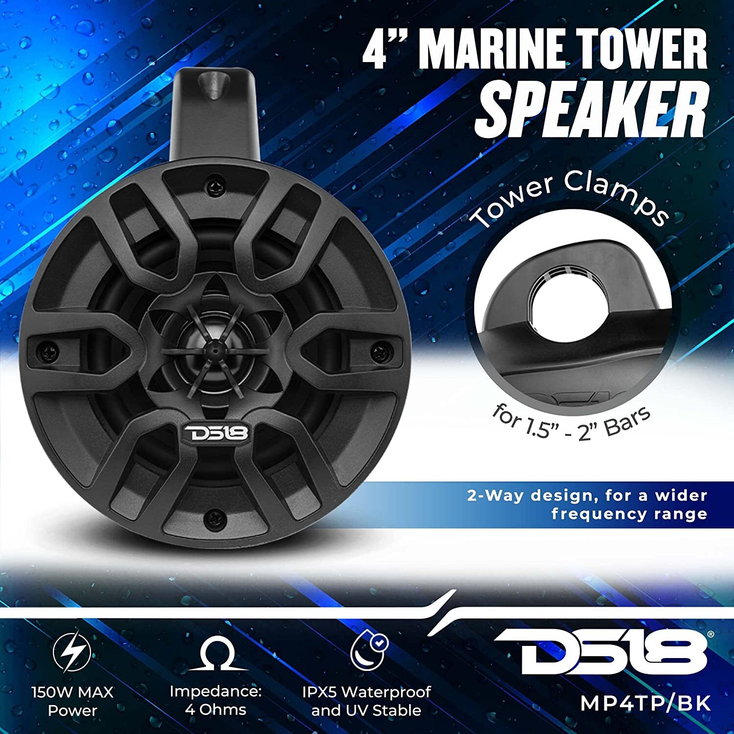 DS18 MP4TP.4A 4 HYDRO 4" Wakeboard Tower Speakers 600W With Amplifier Bluetooth