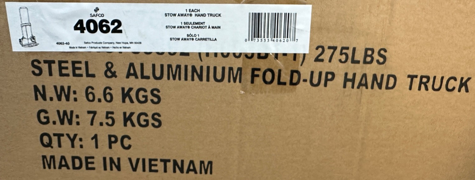 Safco Stow-Away Medium Hand Truck 275lb Capacity 19w x 17 3/4d x 38 3/4h