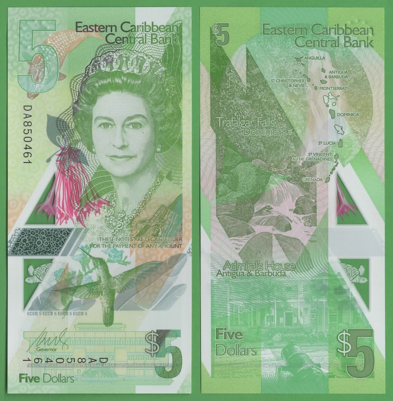Eastern Caribbean States 5 Dollars Banknote 2021 P-56 UNC Trafalgar Falls