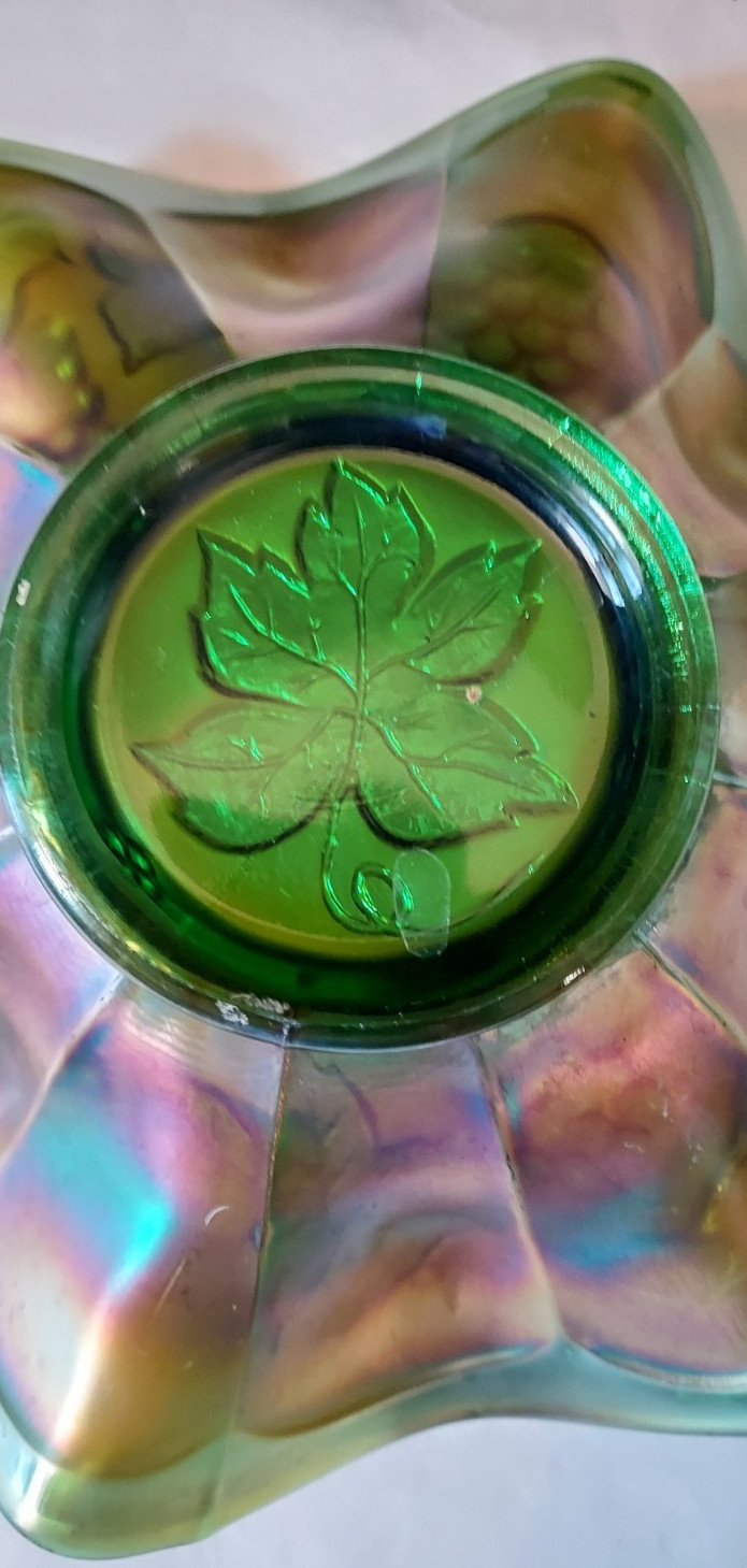 Fenton Grape and Leaves Green Iridescent Carnival Glass Bowl 1911-1918