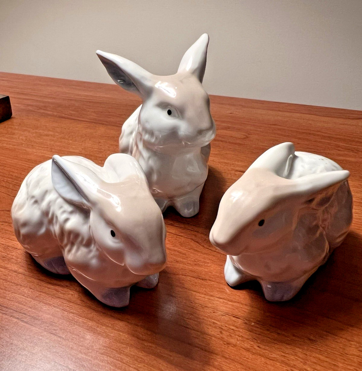 Vintage Set 3 Small Ceramic Bunnies w/ Brown and Blue Highlights Made in Japan