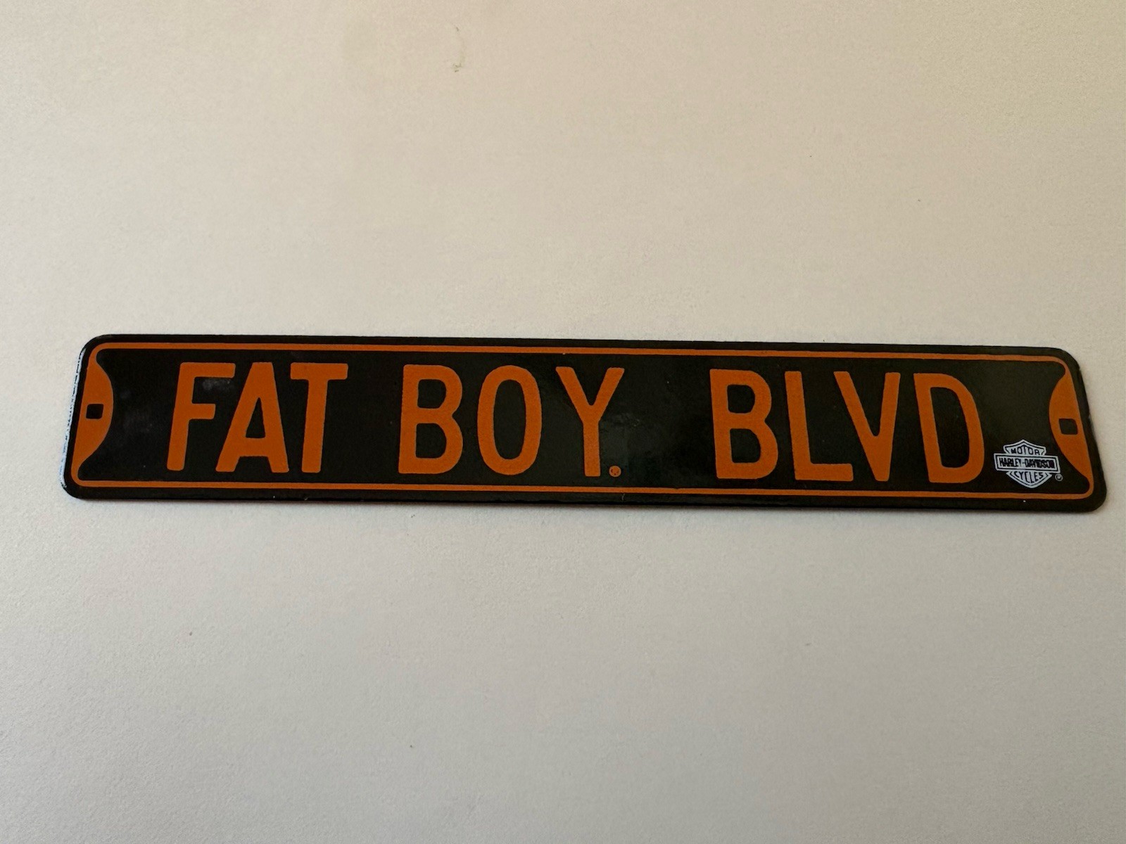 Harley Davidson MINIATURE Enameled Metal Boulevard Fat Boy Novelty Sign 6” x 1”