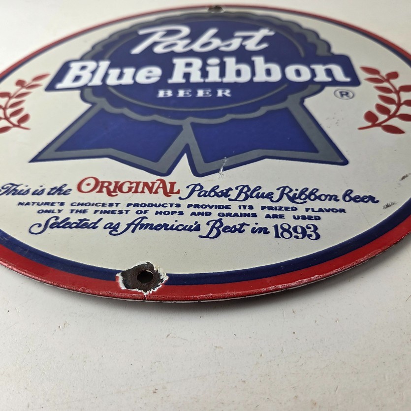 Vintage Pabst Blue Ribbon Beer Porcelain Sign - Ribbon Badge Logo Sign