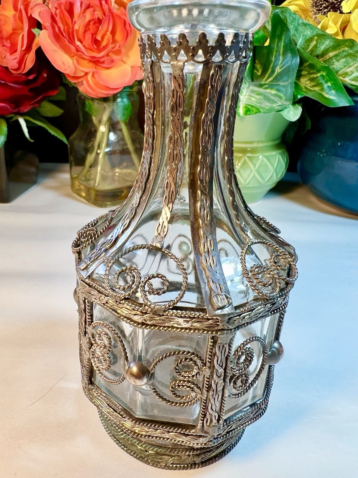VTG GLASS BOTTLE SILVER PLATED, BRASS, COPPER OVERLAY BOTTLE 1900's UNIQUE