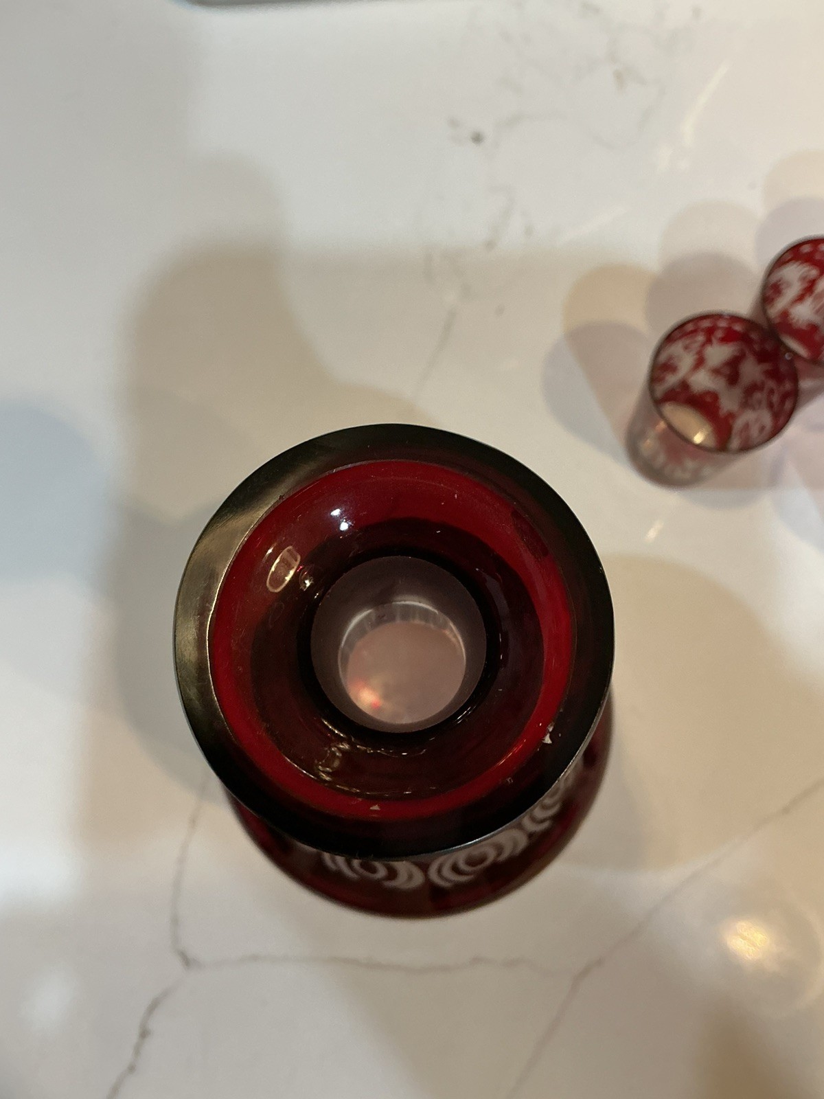 6PC EGERMANN CUT TO CLEAR RUBY WHISKEY DECANTER SET NO STOPPER- PRISTINE