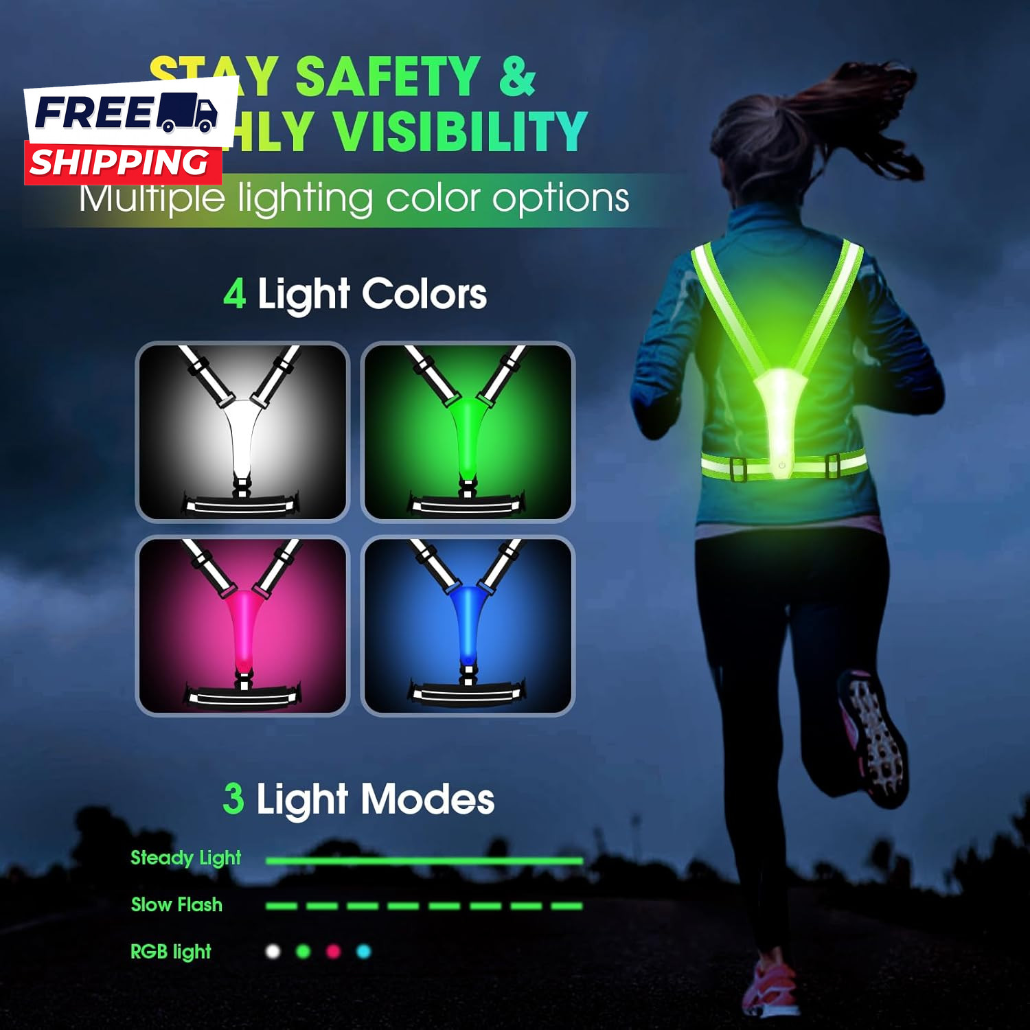 LED Reflective Light up Safety Running Vest for Biking Walking at Night