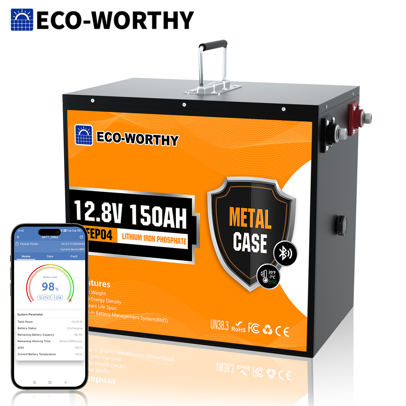 ECO-WORTHY 1920Wh 12V 150Ah LiFePO4 Lithium Battery Bluetooth Metal For RV