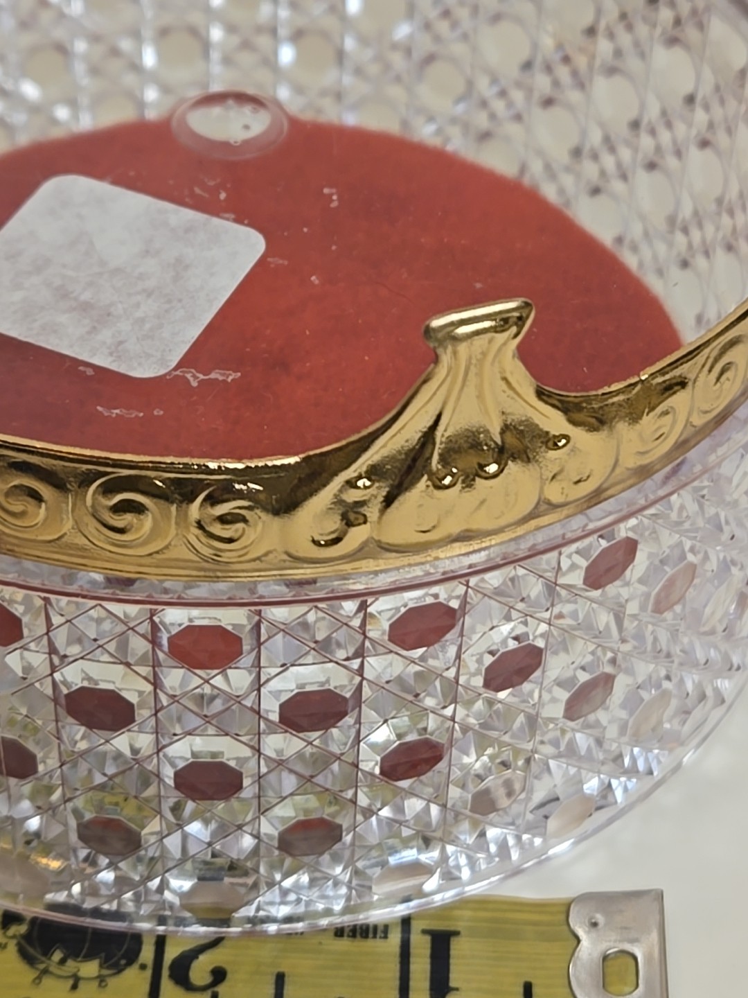 Vintage Avon Powder Box Hollywood Regency Cut Crystal Plastic w Red Puff Vanity