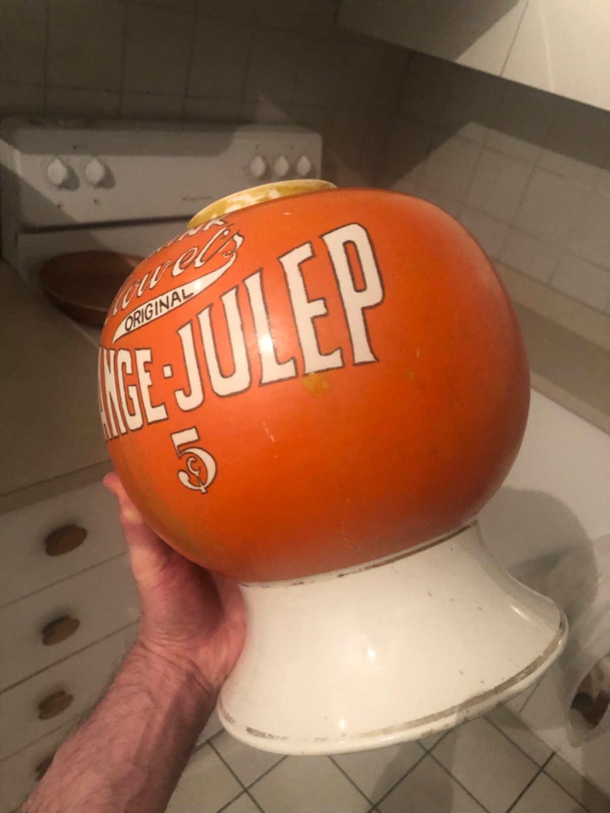 VINTAGE RARE c.1919 CERAMIC "HOWEL'S ORANGE-JULEP 5c" SODA FNT SYRUP DISPENSER