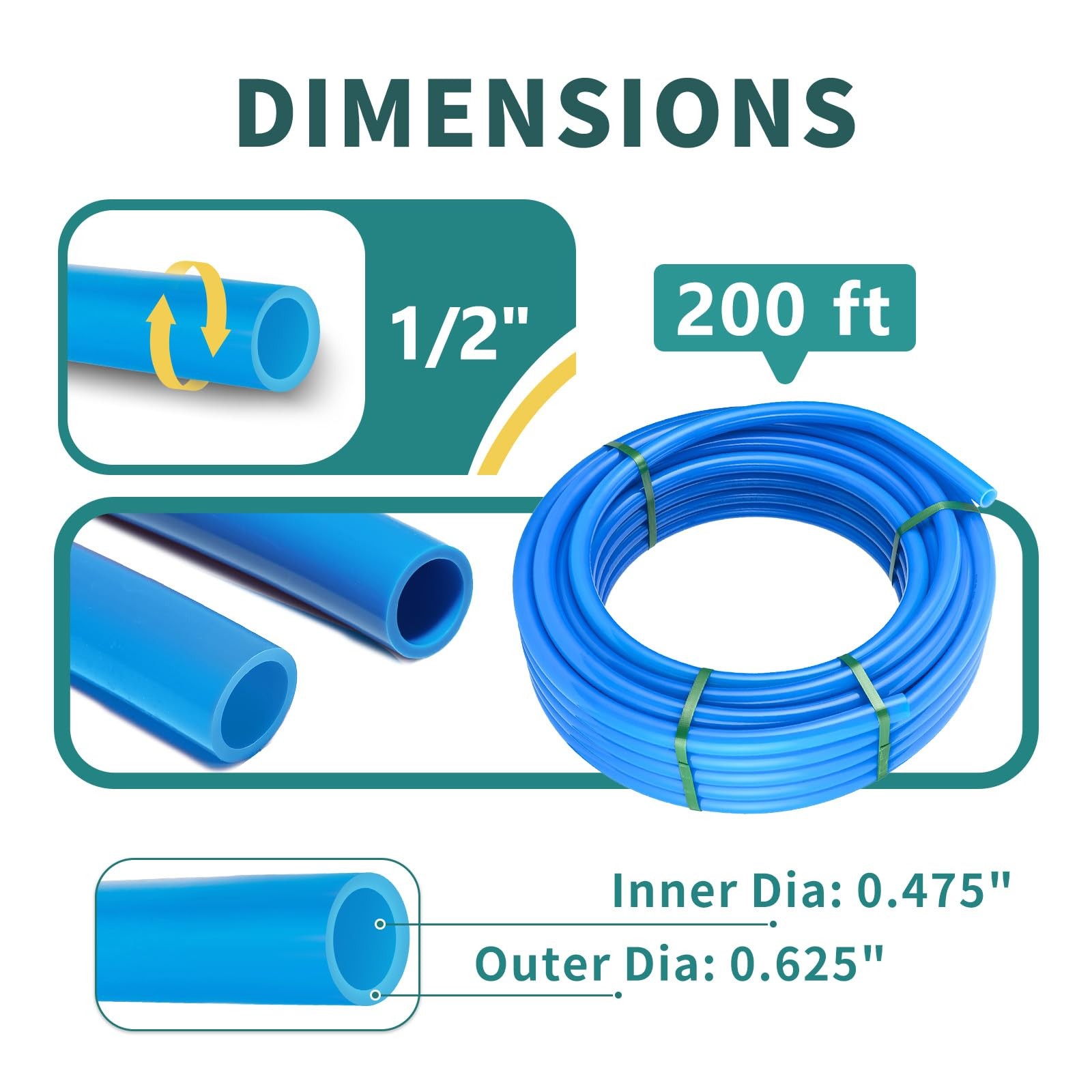 1/2 Inch PEX-B Pipe, 200 Ft Pex B Tubing Blue for Hot/Cold Water Plumbing