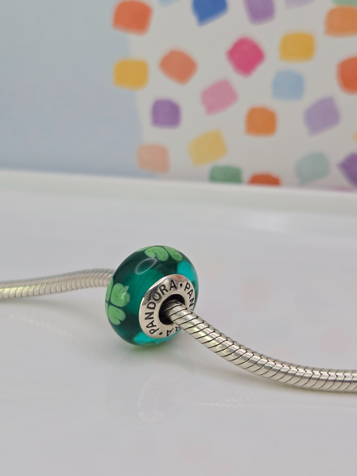 Authentic Pandora Green Lucky Clover Murano Silver Bead glass moments Charm