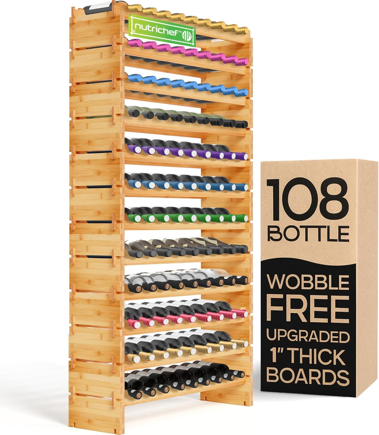 108 Bottle Wine Rack Stackable Bamboo Freestanding, 12 Tier Modular Shelf, Sturd