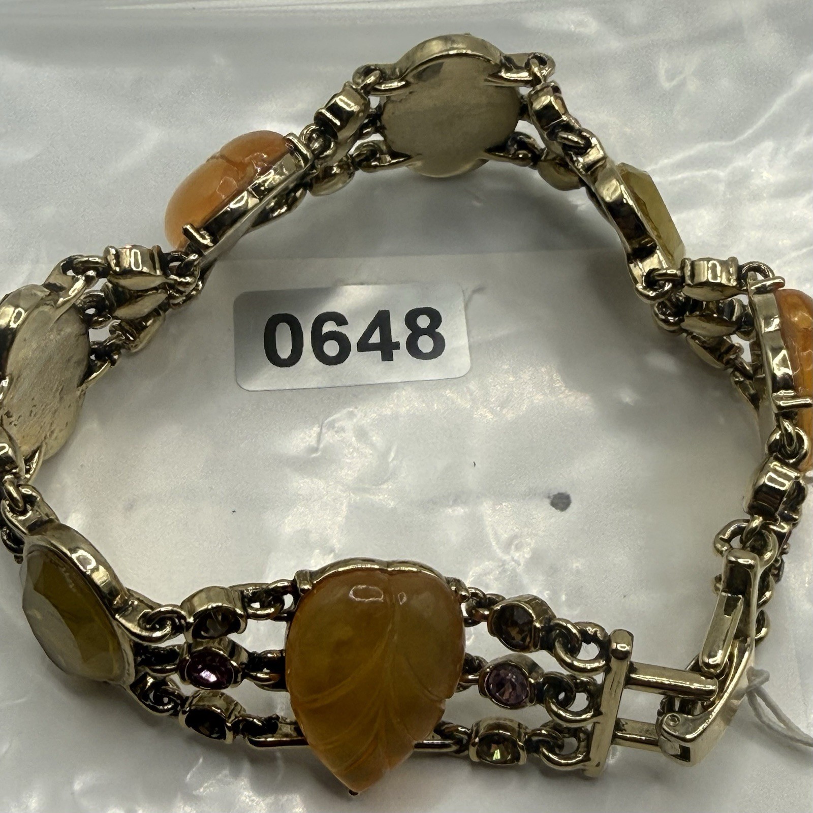 Vintage Trifari Bracelet Rhinestones Carved Acrylic Leaf Cabochons Gold Tone 7”