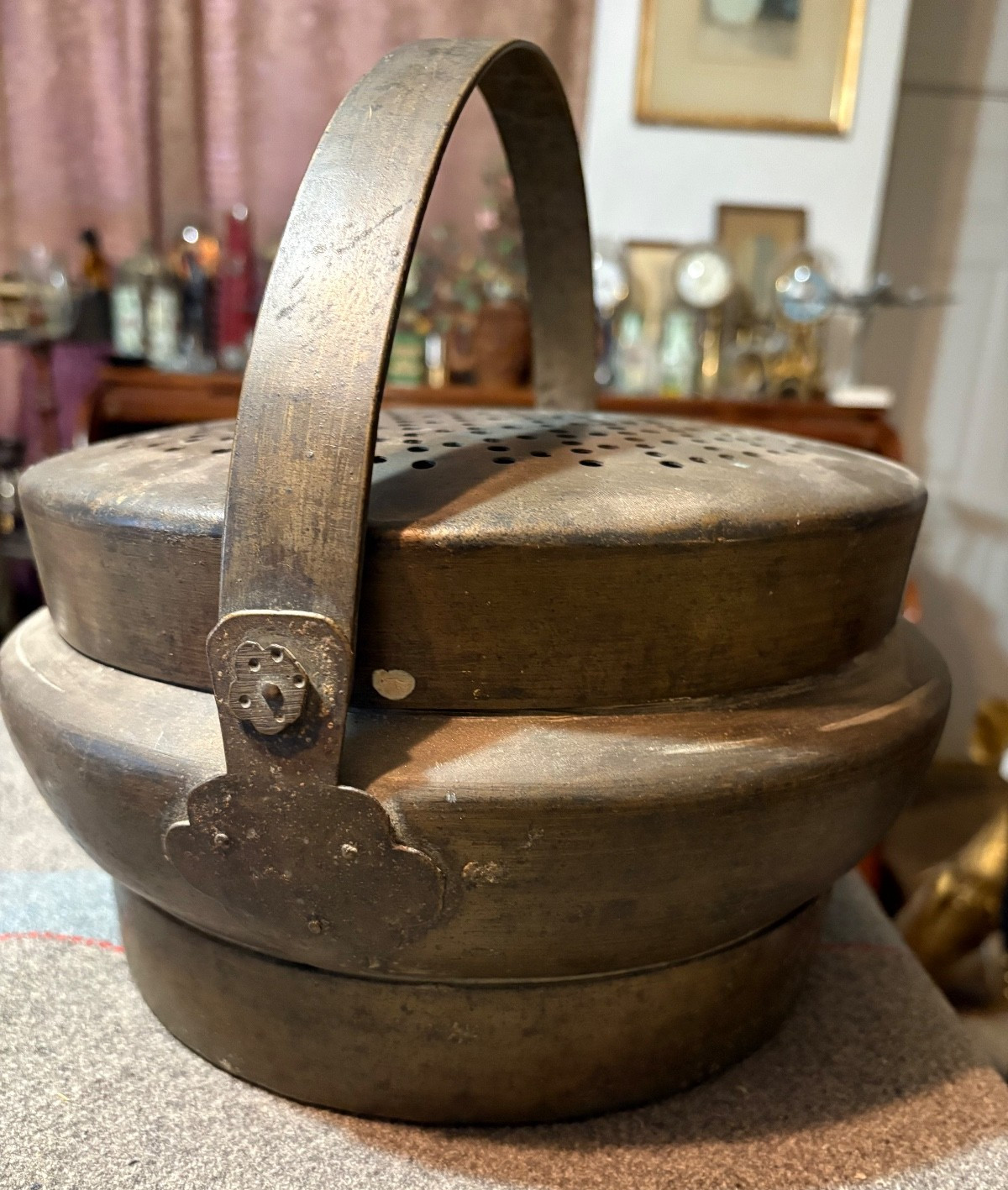 Antique Chinese bronze Hand Warmer w. lid & Handle 11" x 6"