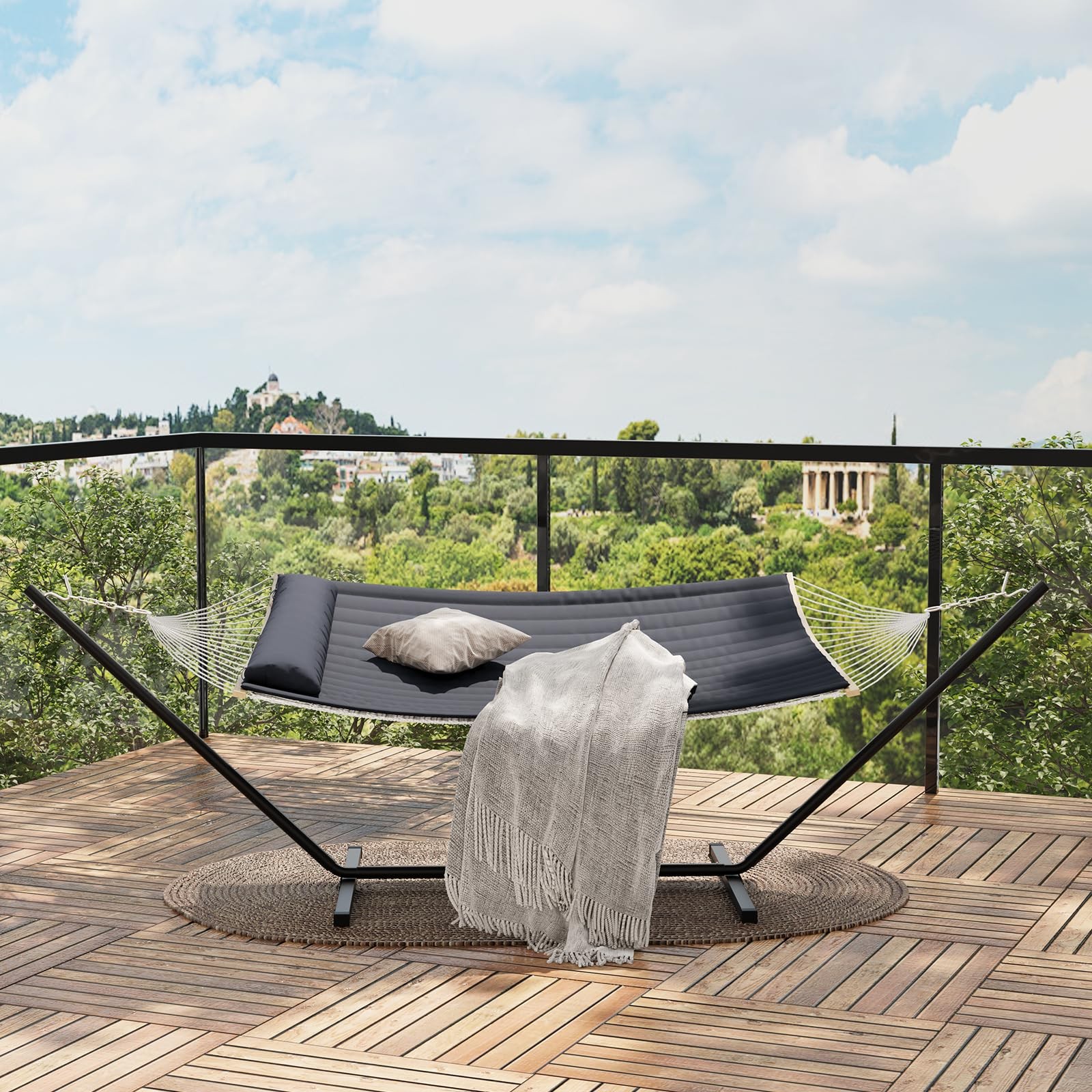 450Lb Portable Double Hammock with Stand for 2 Person W/Steel Stand for Backyard