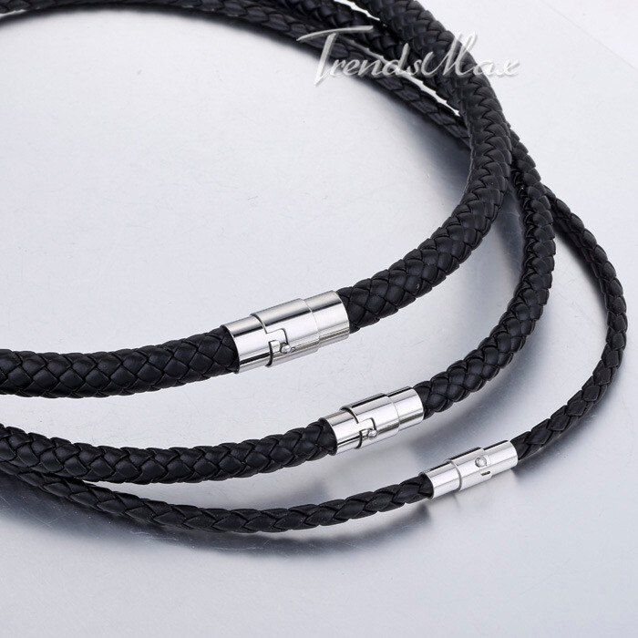 Men's Black Braided Leather Cord Necklace Choker Magnetic Clasp