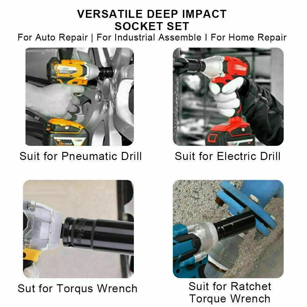 10pcs Metric Deep Impact Socket 1/2" Drive 10mm-24mm 6 Point Sockets w/ Case Set